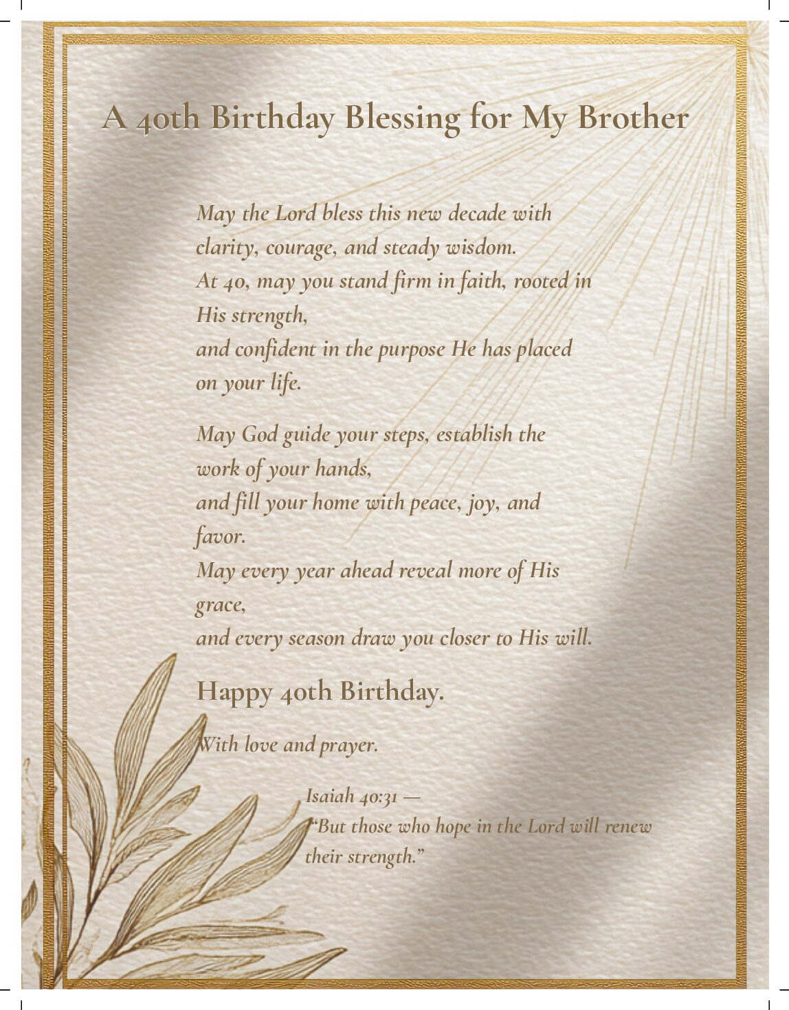 Christian Brother 40th Birthday Card | Printable Blessing Gift (PDF)